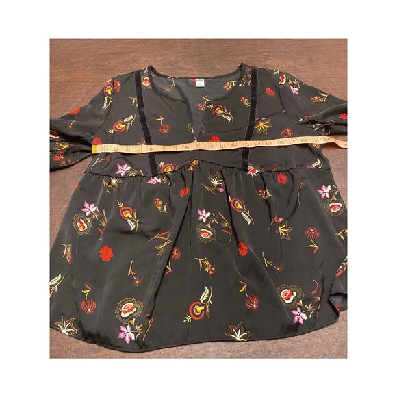 Black Floral Babydoll Tunic V-neck Velvet Trim Long Sleeve Large Whimsigoth Boho - Picture 6 of 8